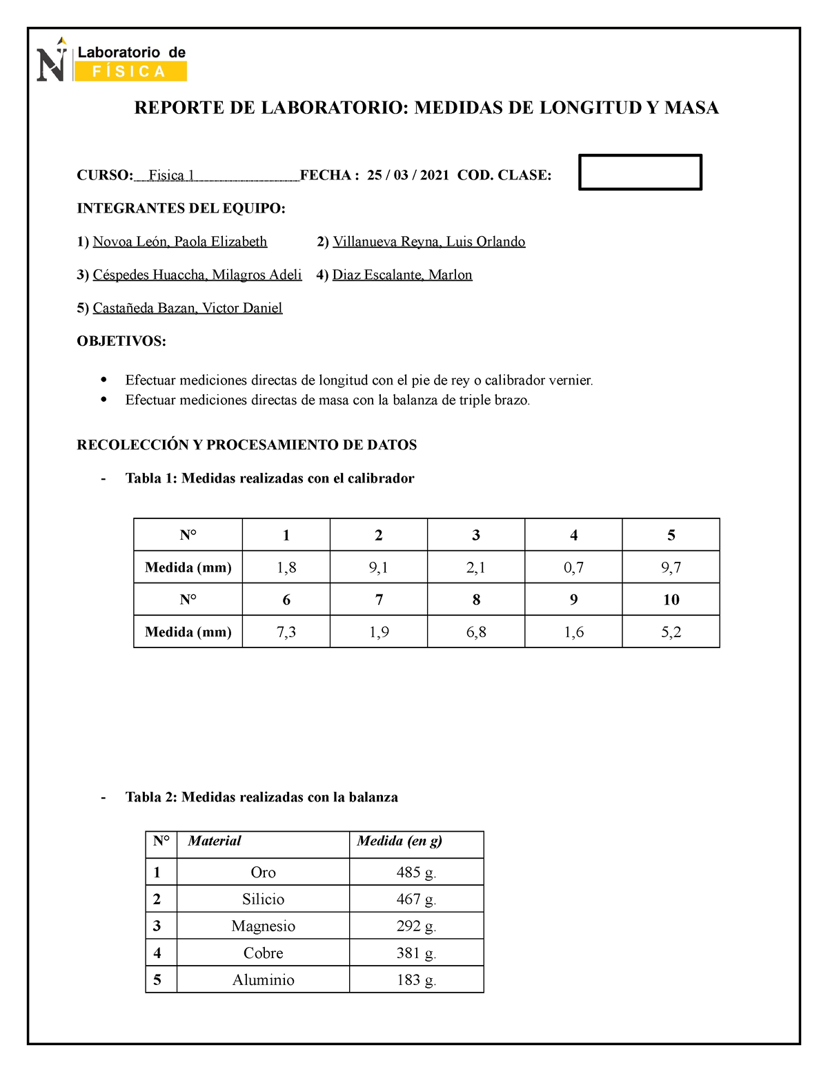 Virtual Reporte Medidas De Longitud Y Masa Reporte De Laboratorio