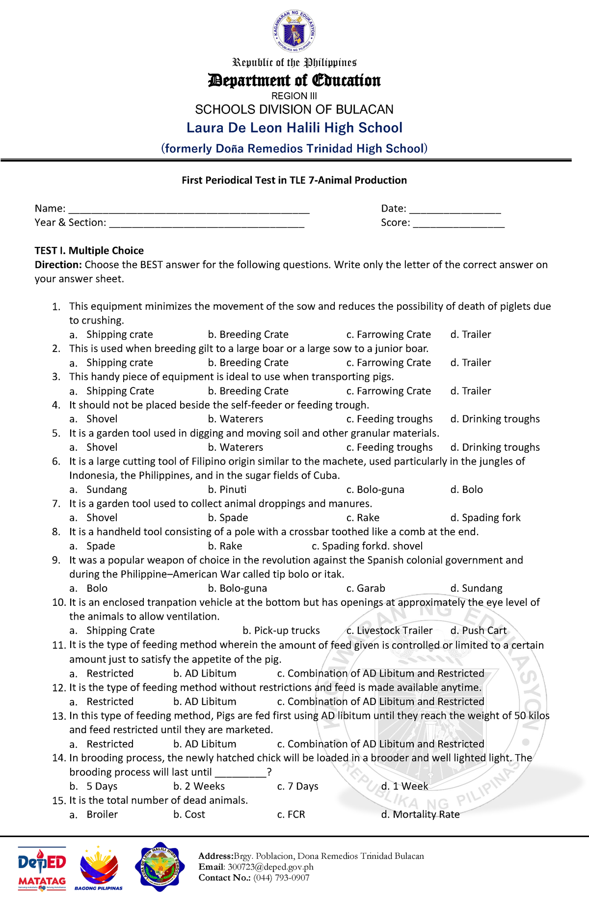 1G Periodical Test In Animal Production - Department Of Education ...