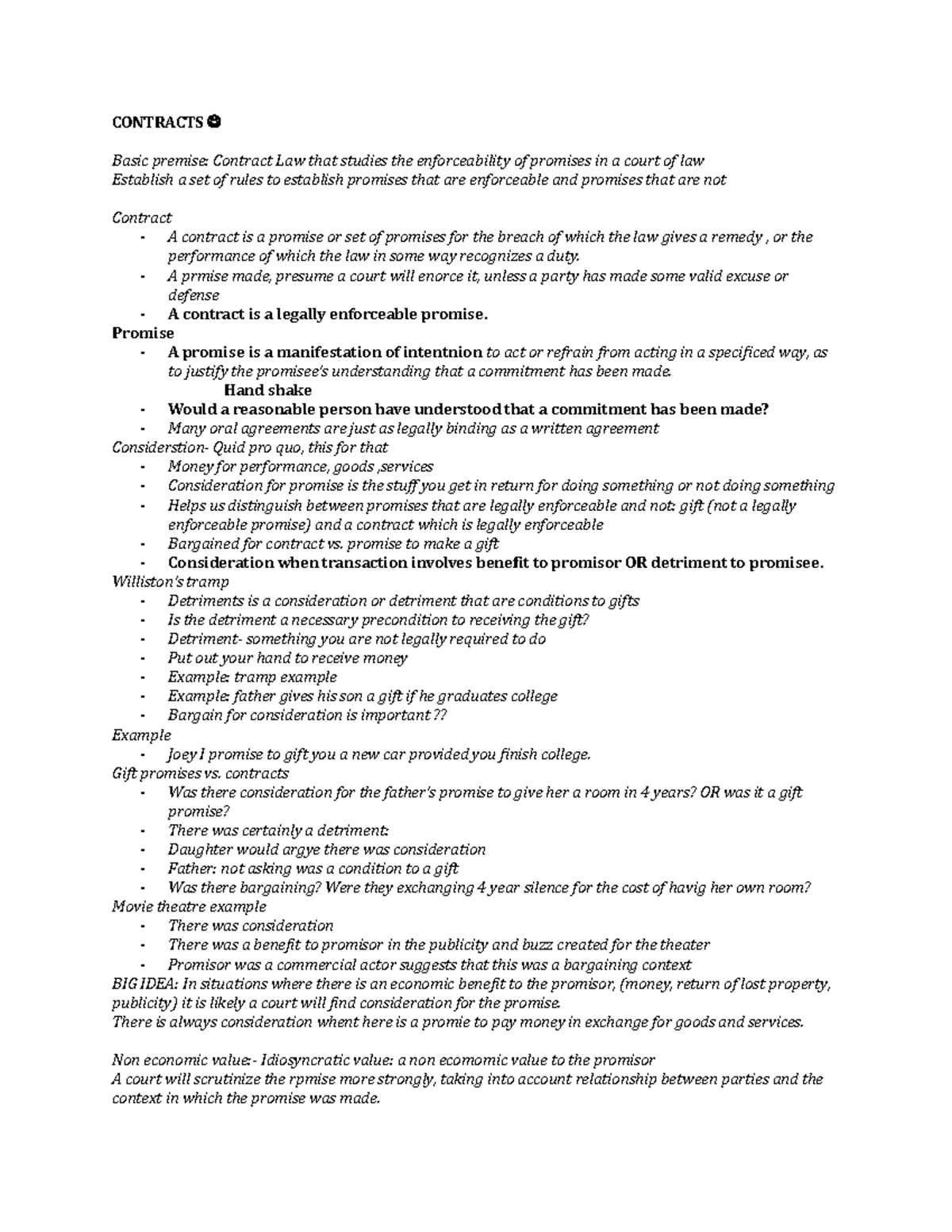 Contracts Notes - CONTRACTS Basic premise: Contract Law that studies ...