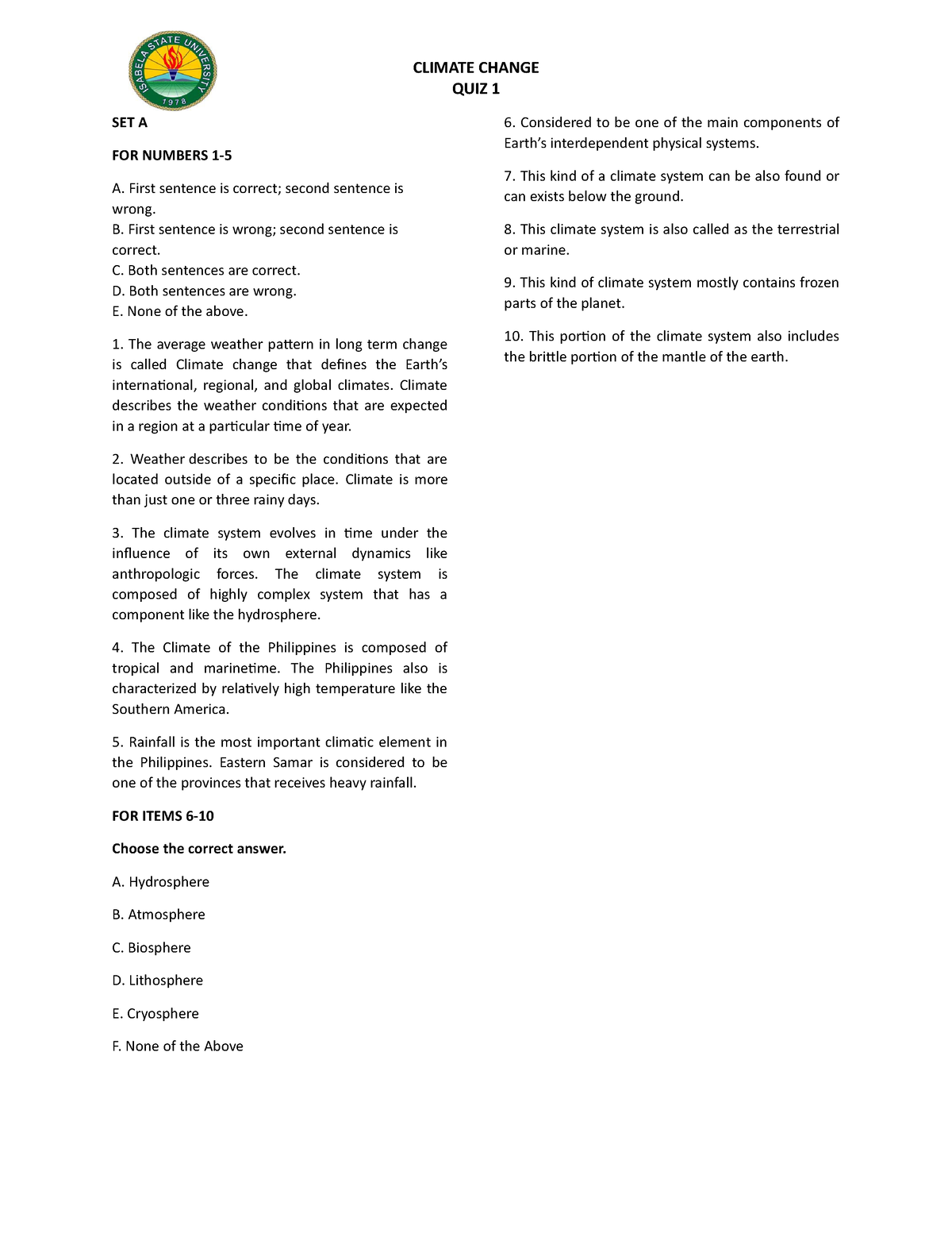 Climate Change - Quiz 1 - CLIMATE CHANGE QUIZ 1 SET A FOR NUMBERS 1- A ...