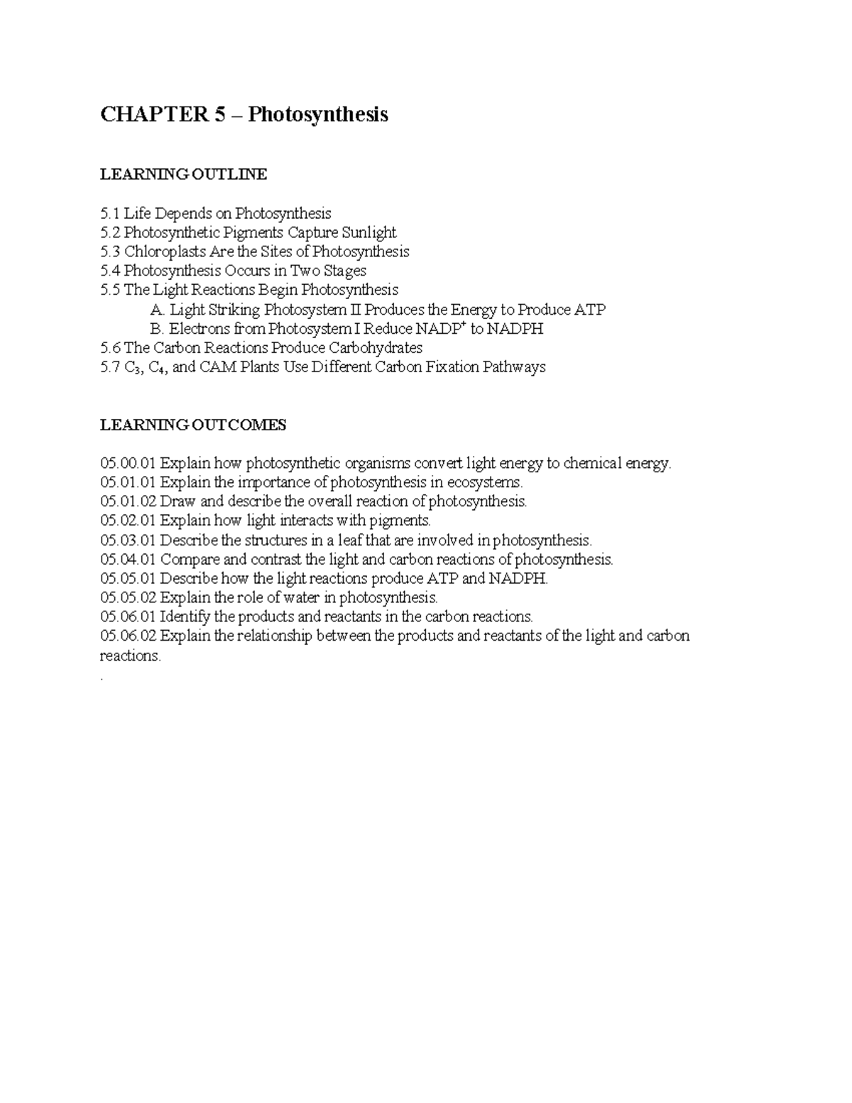 Chapter 5 Study Guide - CHAPTER 5 – Photosynthesis LEARNING OUTLINE 5 ...