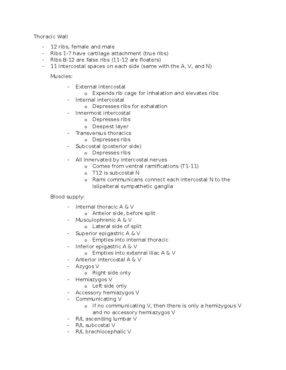 thoracic wall unit 3 notes - Thoracic Wall - 12 ribs, female and male ...