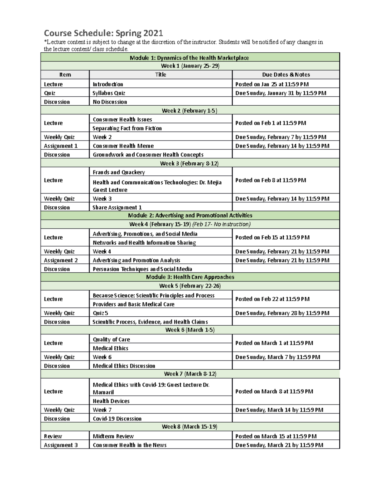 CHLH100Schedule Spring 2021 Course Schedule Spring 2021 *Lecture