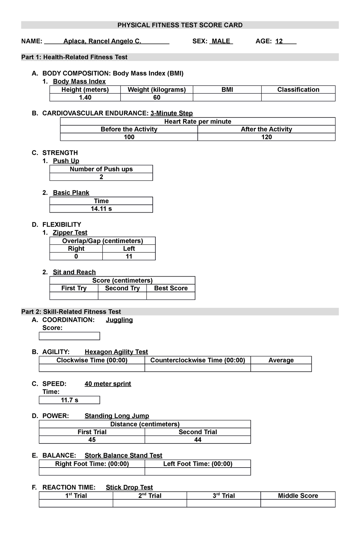 Physical Fitness Test Score Card Name Aplaca Rancel Angelo C Sex Male Age 12 Part 1 3594