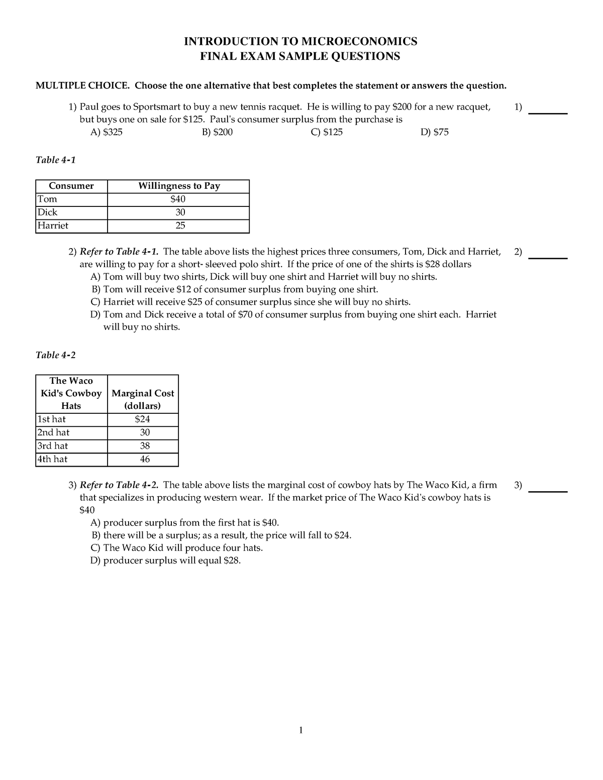 Introduction TO Microeconomics Final EXAM Sample - INTRODUCTION TO ...