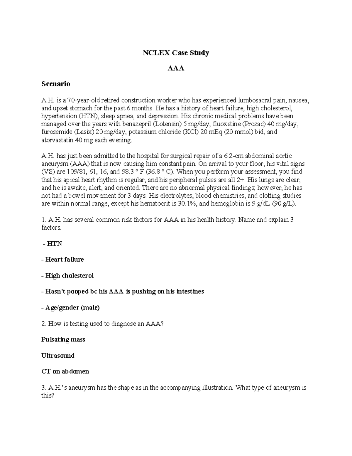 AAA Case Study - NCLEX Case Study AAA Scenario A. is a 70-year-old ...