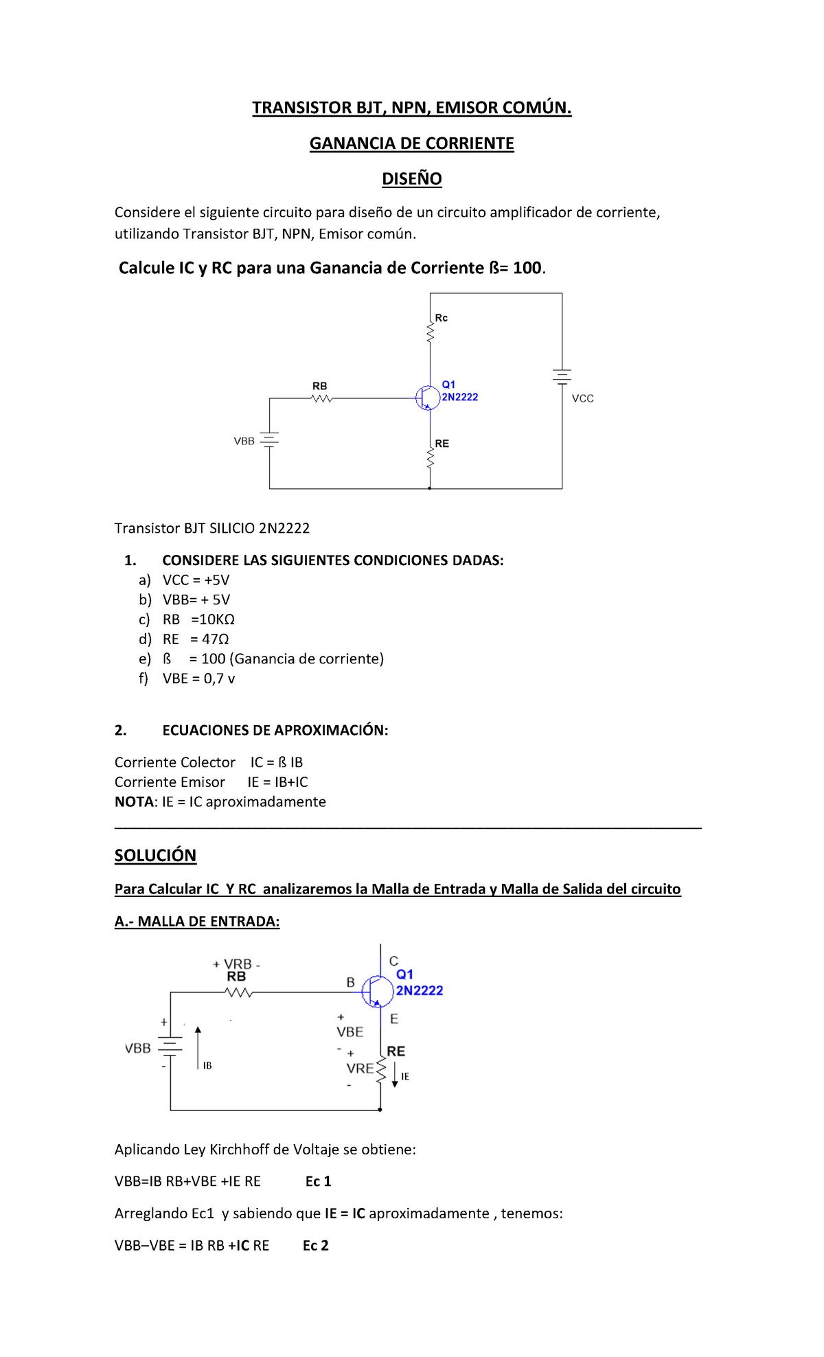 BJT NPN Emisor Comun Analisis B100 TRANSISTOR BJT, NPN, EMISOR COM⁄N