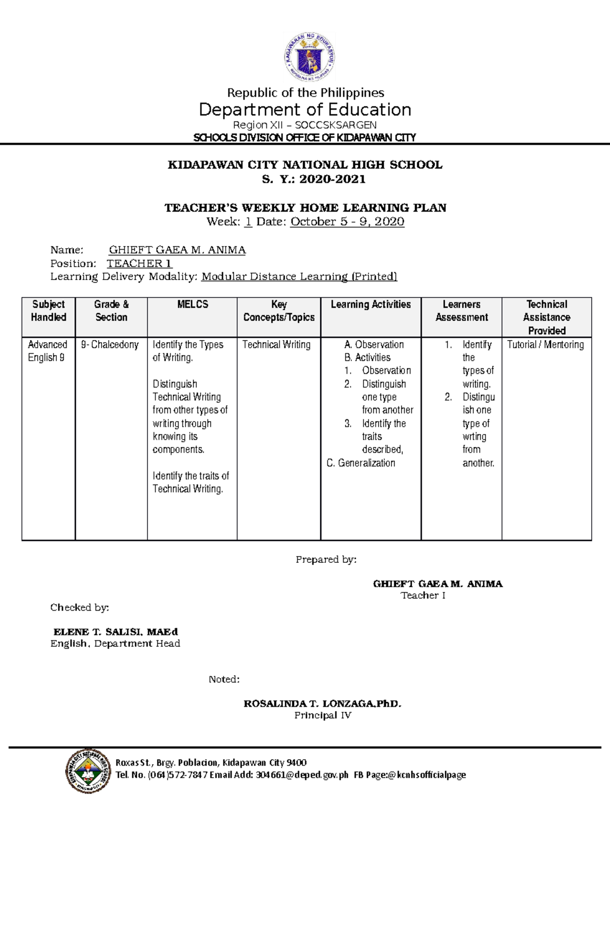 Example Of Weekly Home Learning Plan Login Pages Info G10 W1 Regular Whlp Las Idea Exemplar 8043