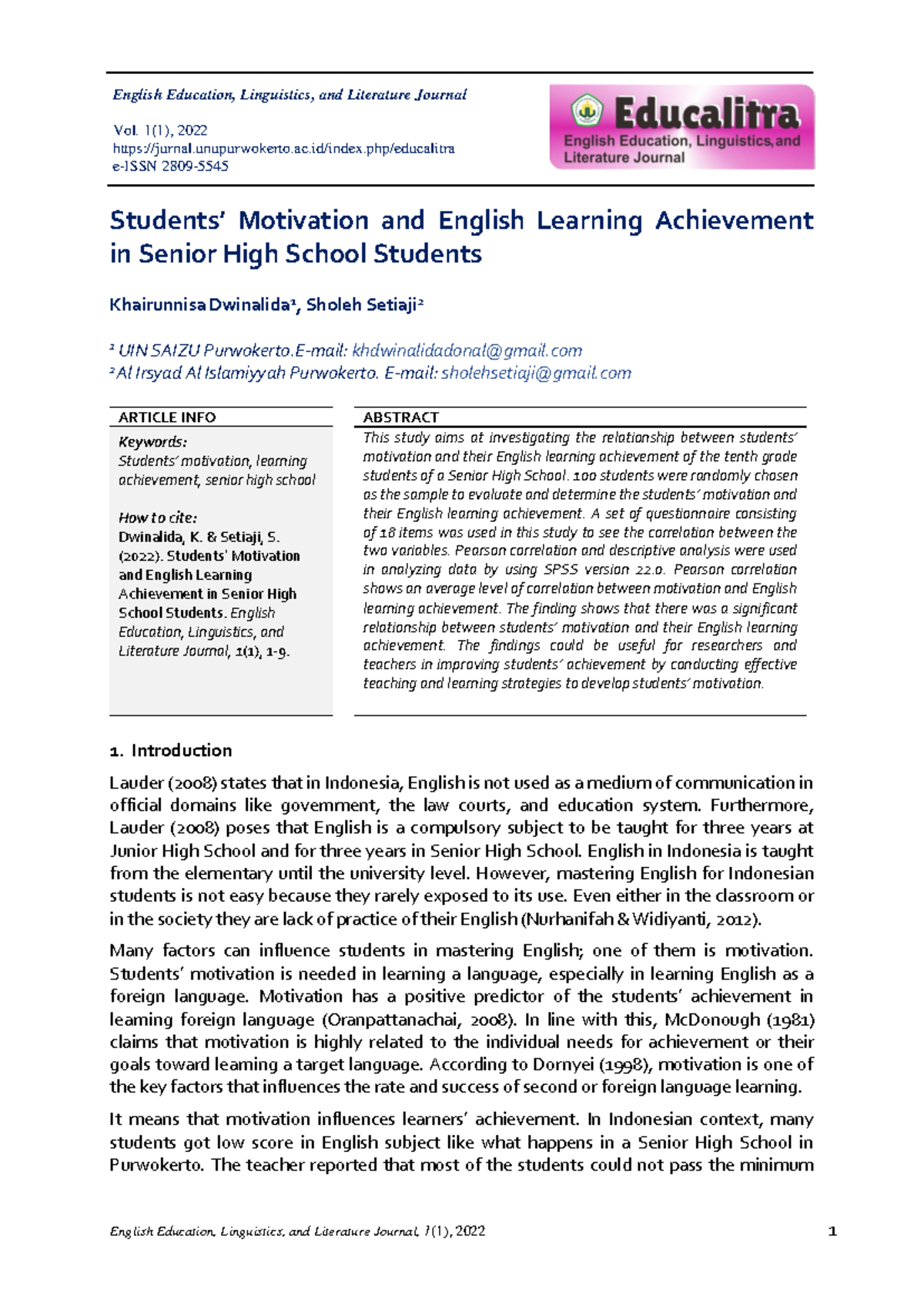 Students’ Motivation and English Learning Achievement in Senior High ...