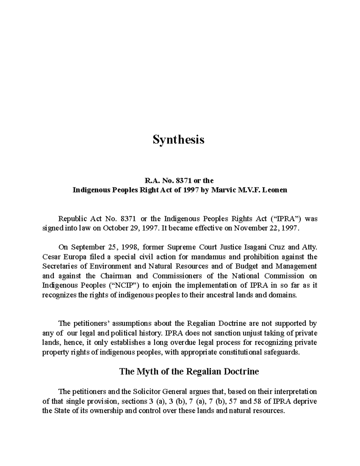 IPRA Synthesis Synthesis R. No. 8371 or the Indigenous Peoples Right