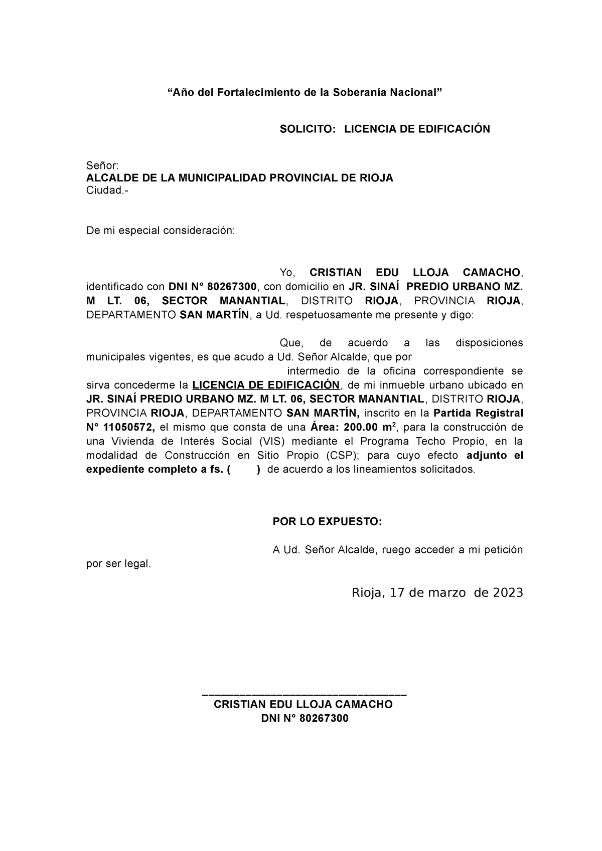 Solicitud Licencia De Edificación Y Parámetros Urbanísticos Cristian Edu Lloja Camacho “año 6729