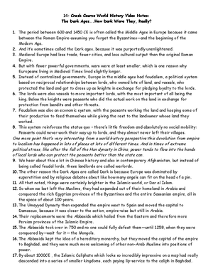 14-The Dark Ages - eafdsd - 14- Crash Course World History Video Notes: The  Dark Ages.. Dark Were - Studocu