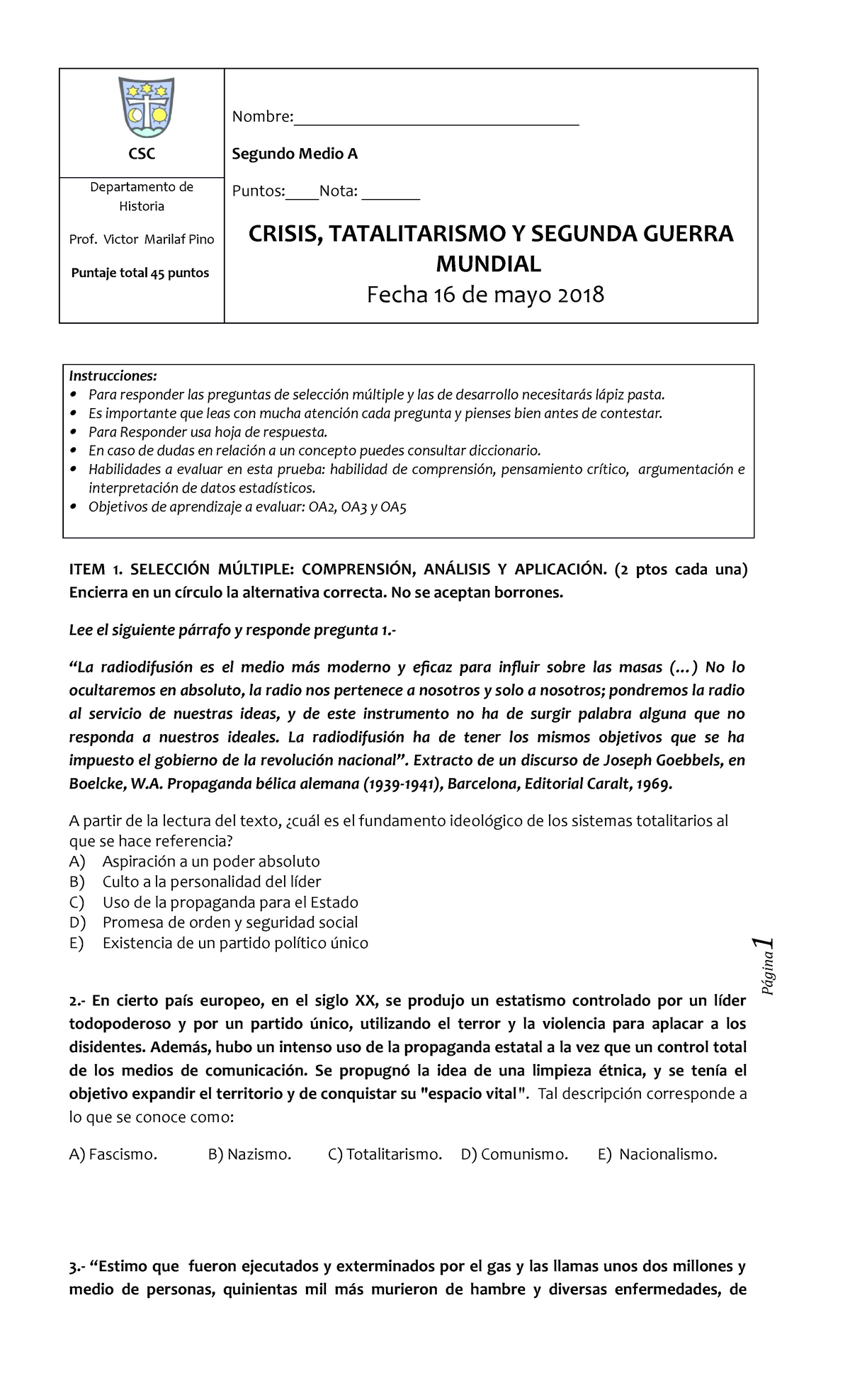 Prueba de Segunda Guerra Mundial - Página 1 CSC Nombre: Segundo - Studocu