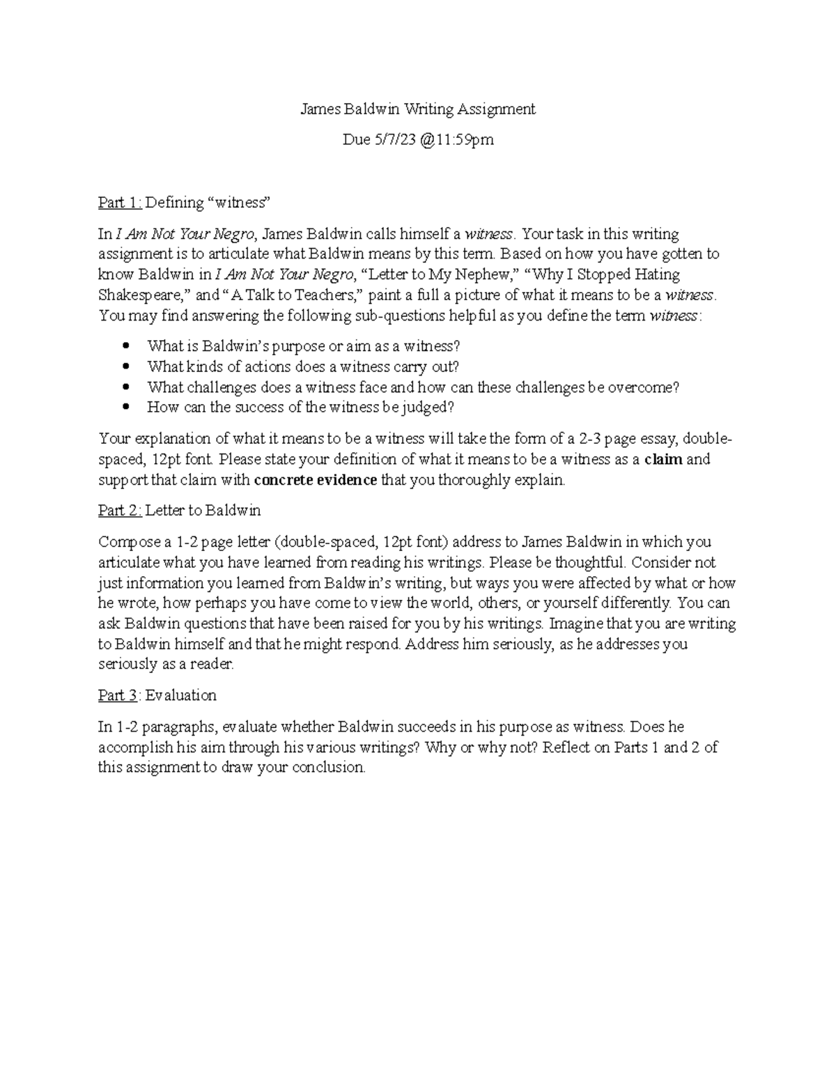 Baldwin Writing Assignment - Your task in this writing assignment is to ...