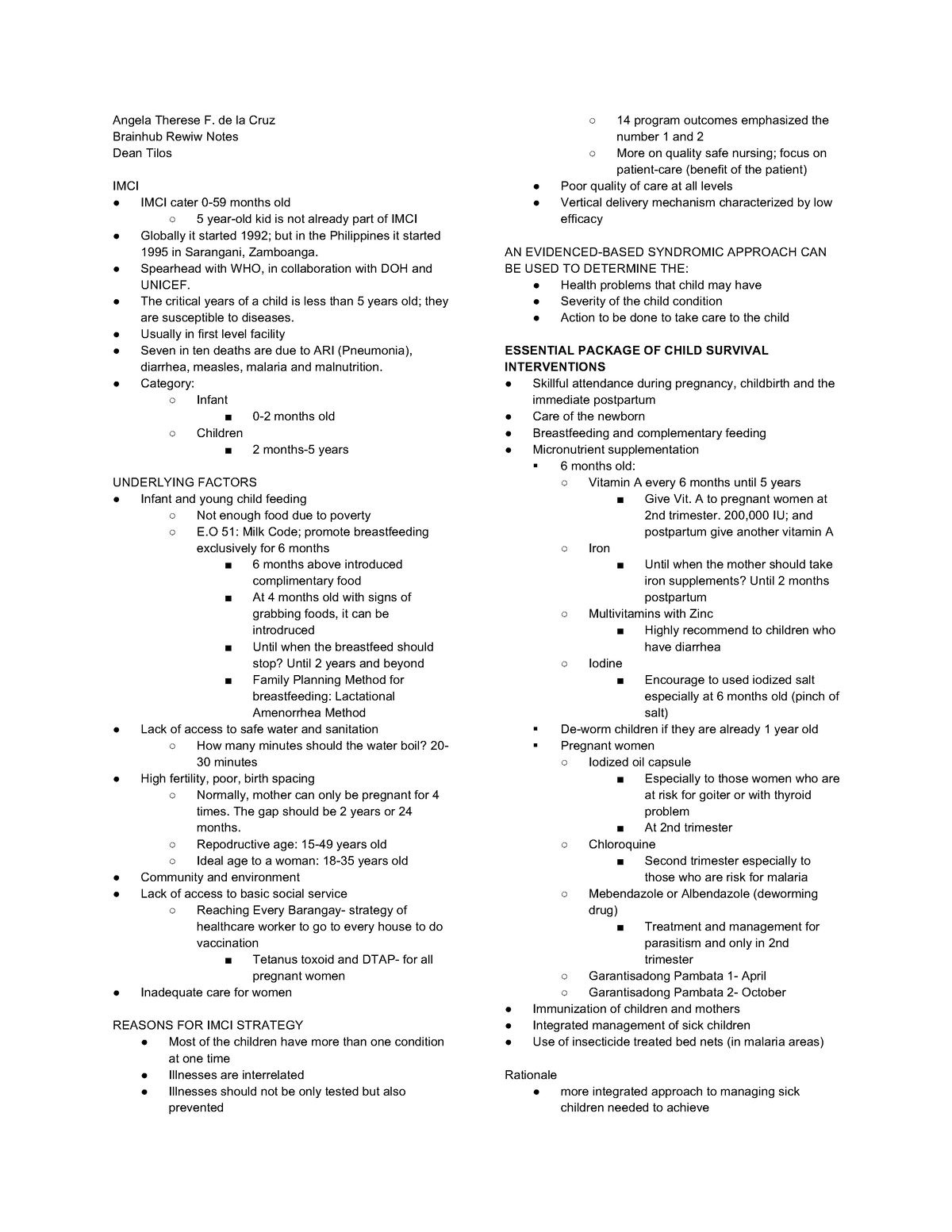 IMCI-Dean-Tilos - Notes - Angela Therese F. de la Cruz Brainhub Rewiw ...