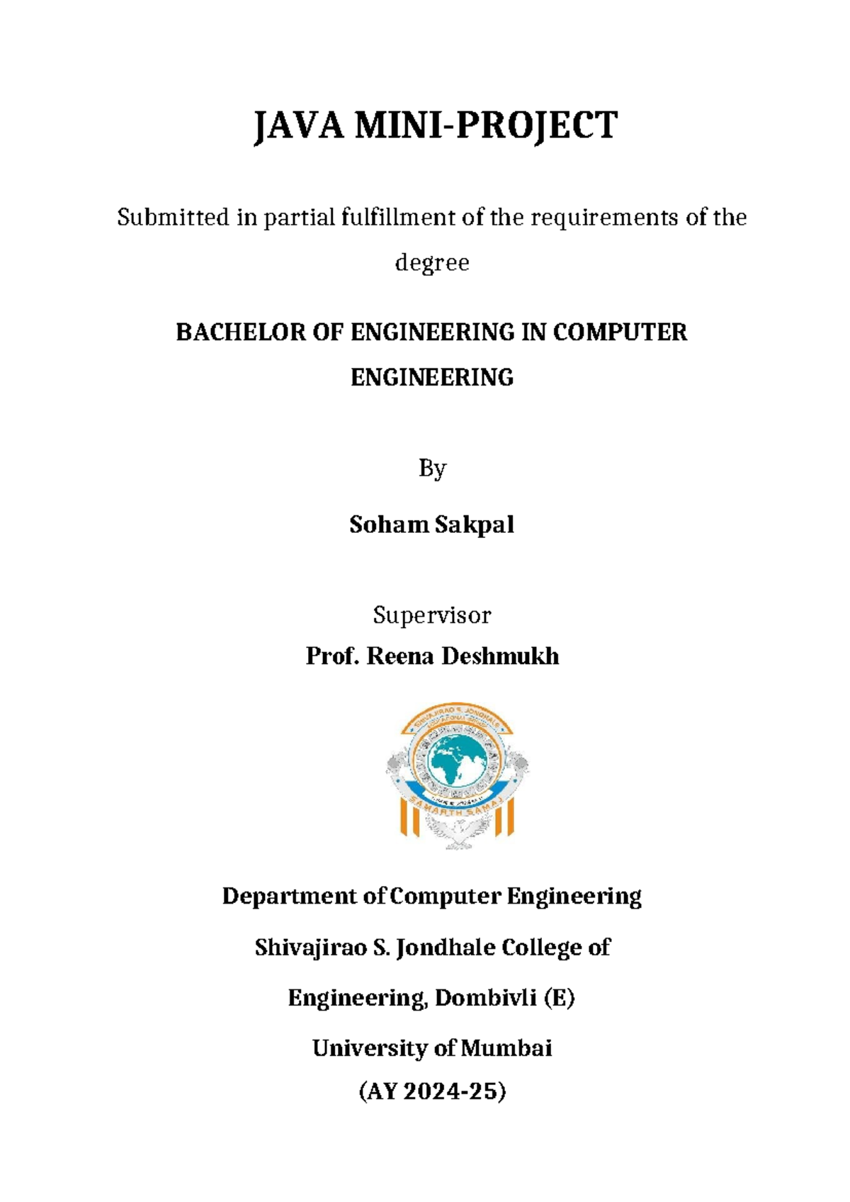 Java Mini Project - JAVA MINI-PROJECT Submitted in partial fulfillment ...