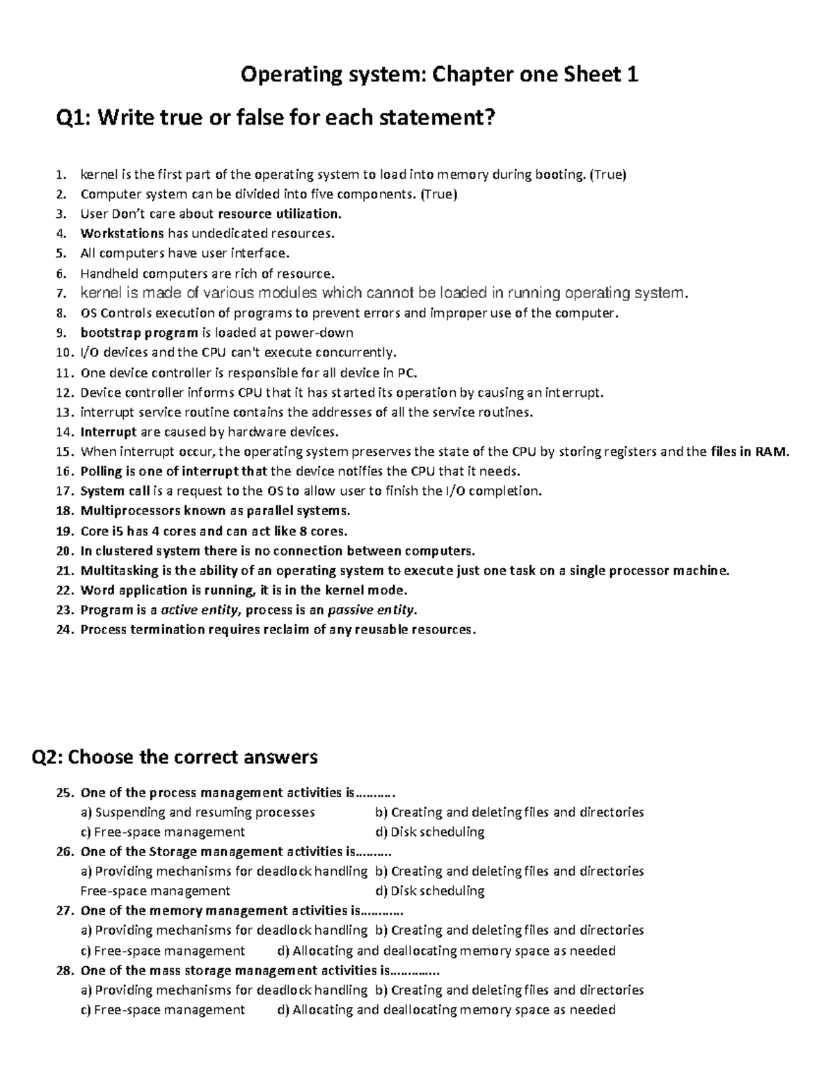 Questions OS ch1 - Operating system: Chapter one Sheet 1 Q1: Write true ...