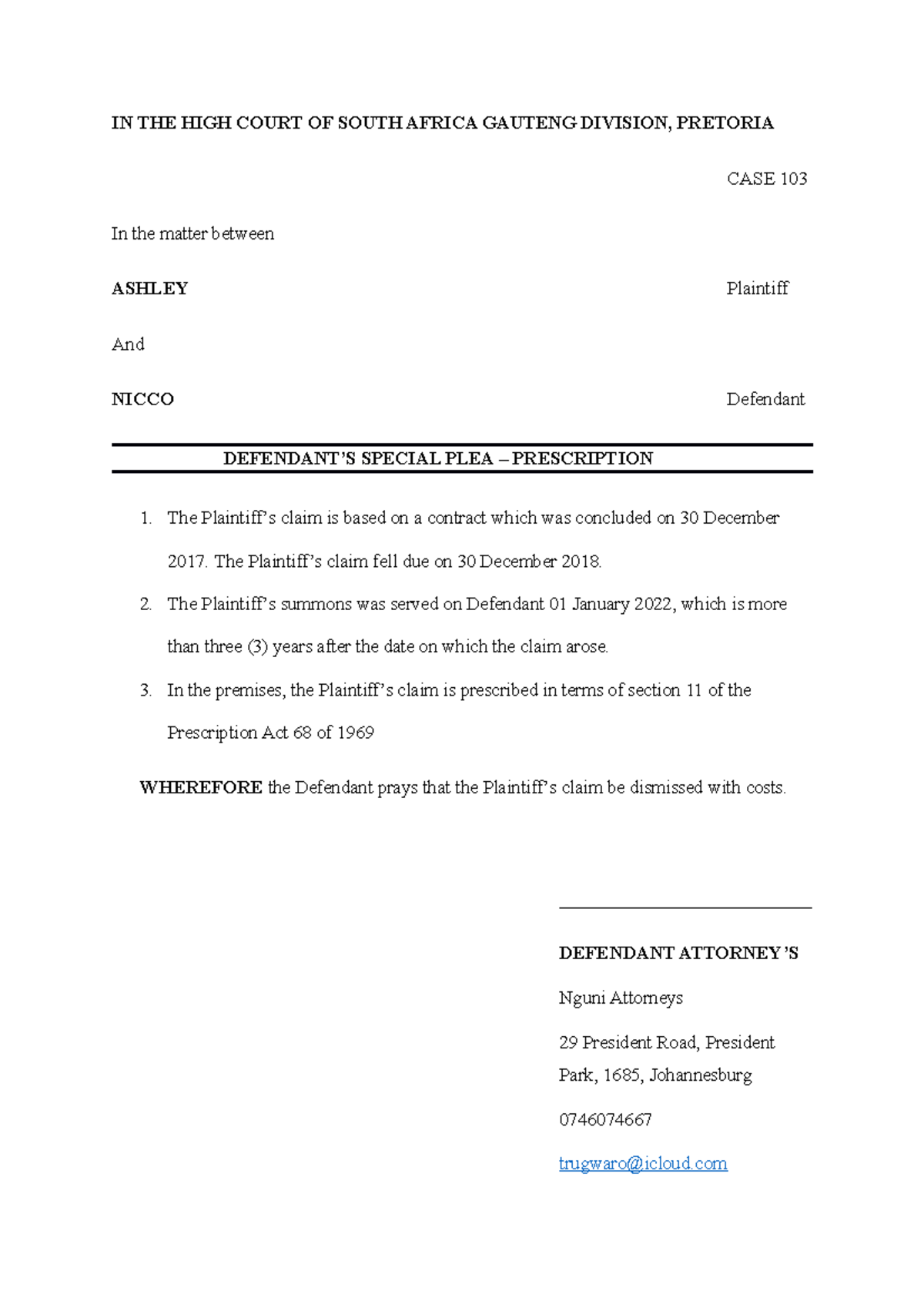 Civil TUT 6 - Drafting of pleadings - IN THE HIGH COURT OF SOUTH AFRICA ...