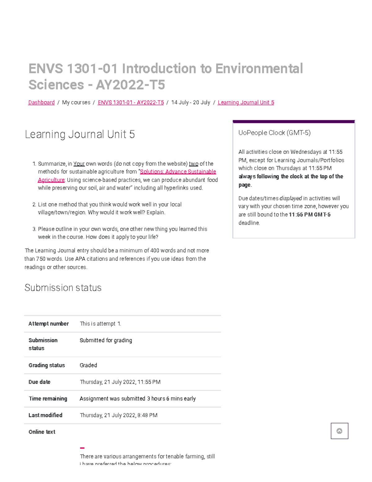 Mj ENVS 1301-01 - AY2022-T5 Learning Journal Unit 5 - ENVS 1301-01 ...