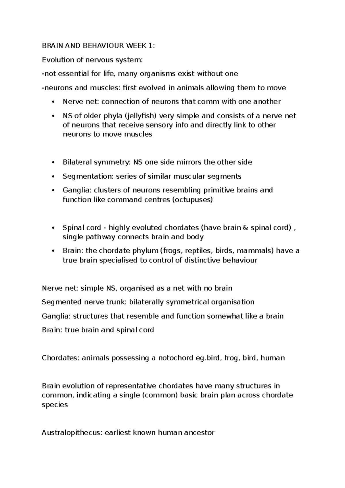 BB week 1 notes - BRAIN AND BEHAVIOUR WEEK 1: Evolution of nervous ...