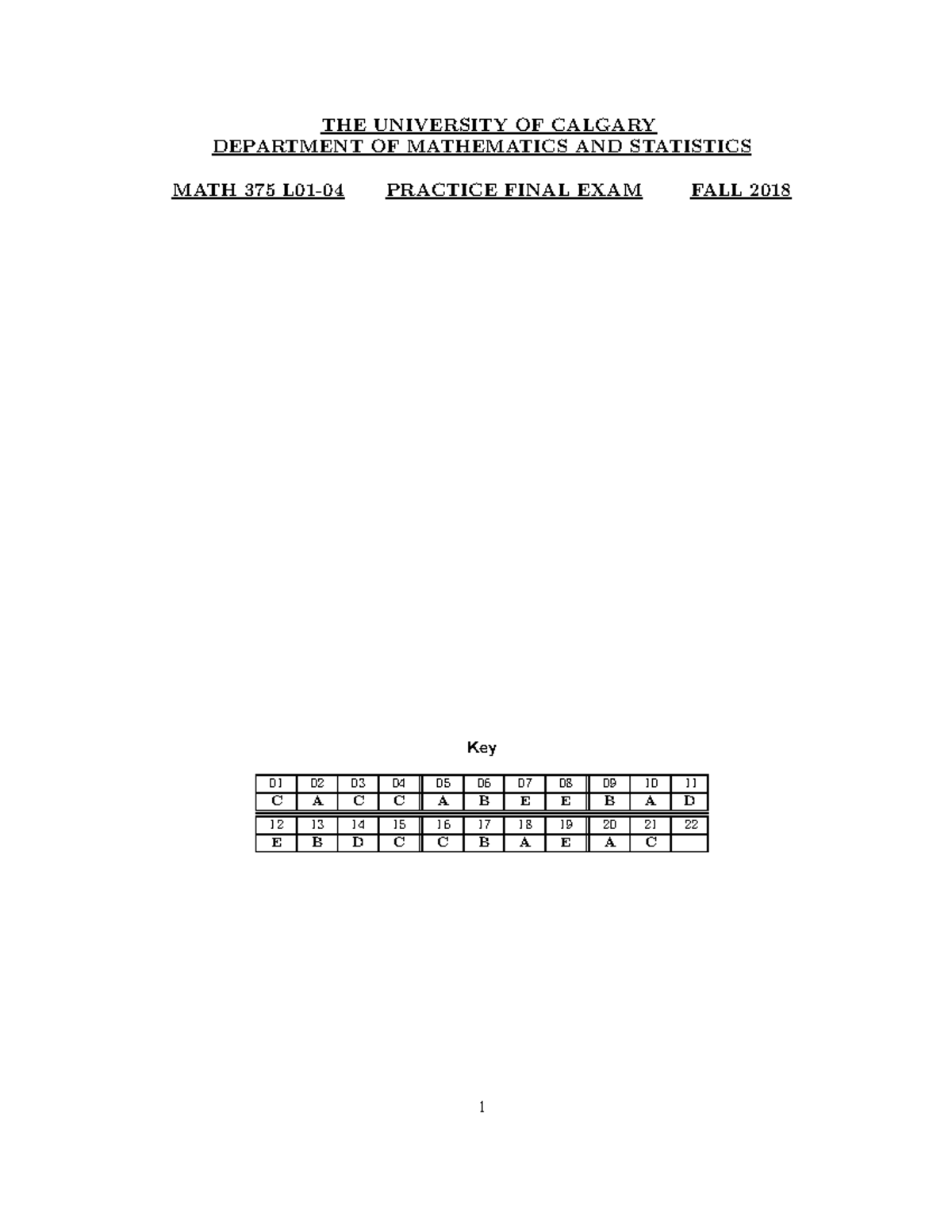 Final 2018 for practice - THE UNIVERSITY OF CALGARY DEPARTMENT OF ...