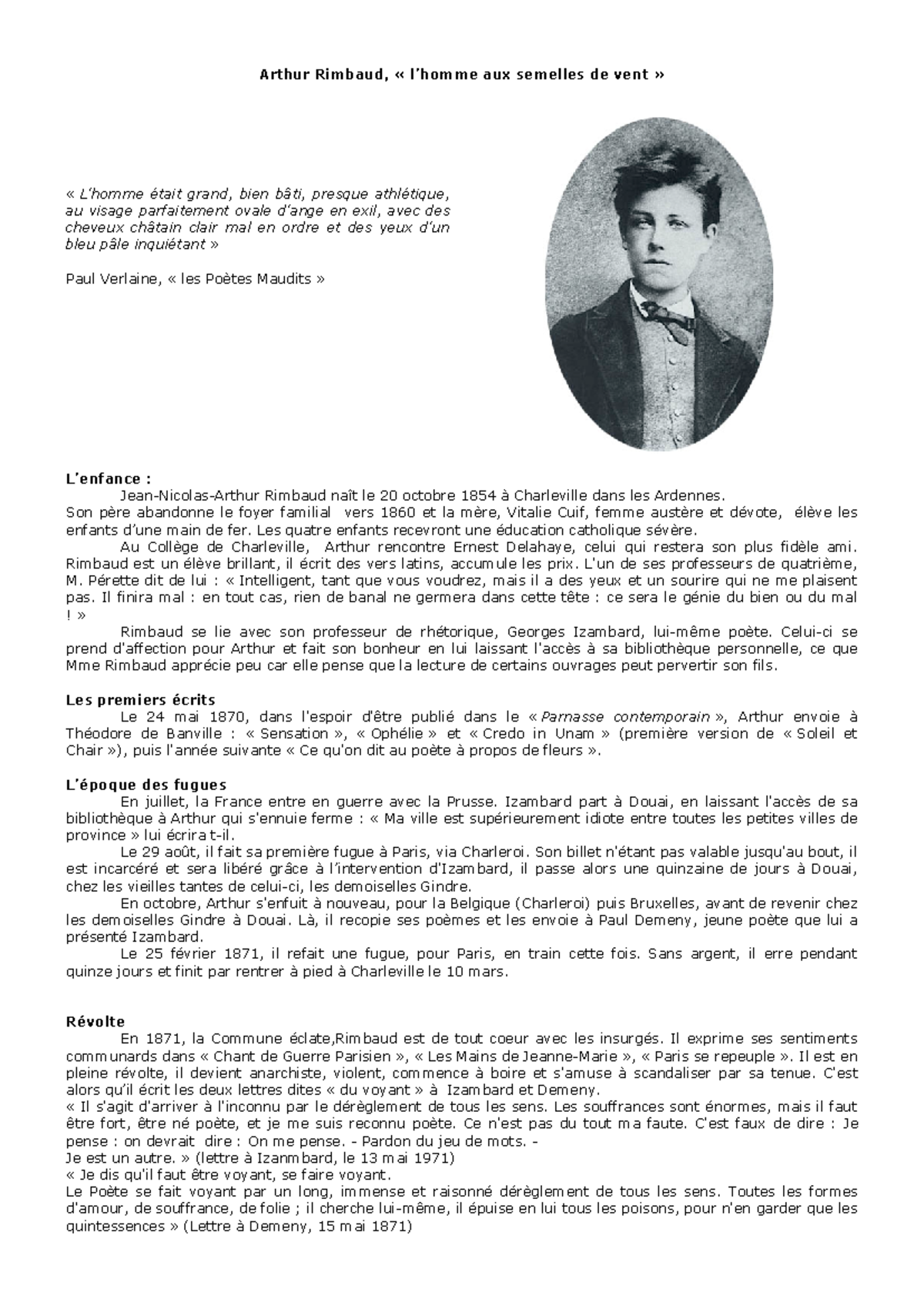 Arthur Rimbaud Biographie Et Po sie Arthur Rimbaud L homme Aux 
