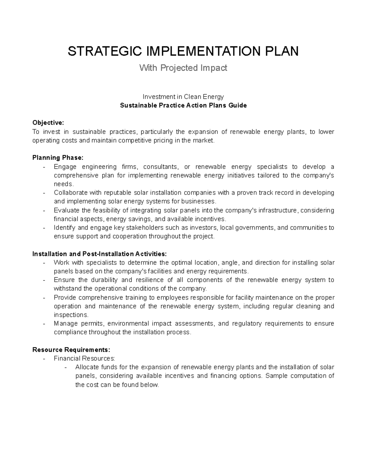 Sample Implementation Planning for Firm Strategy - STRATEGIC ...