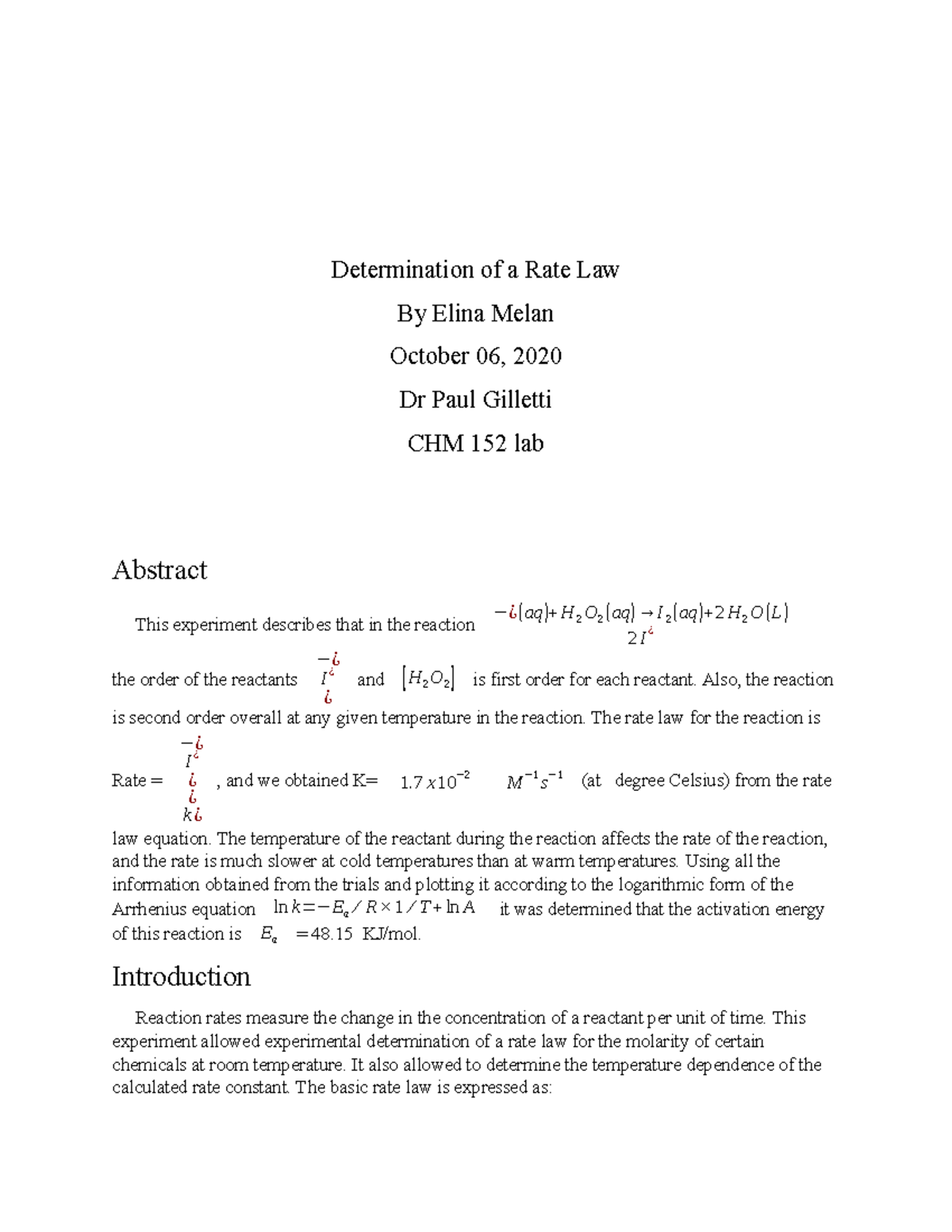 DEtermination Of Rate Law Determination Of A Rate Law By Elina Melan 