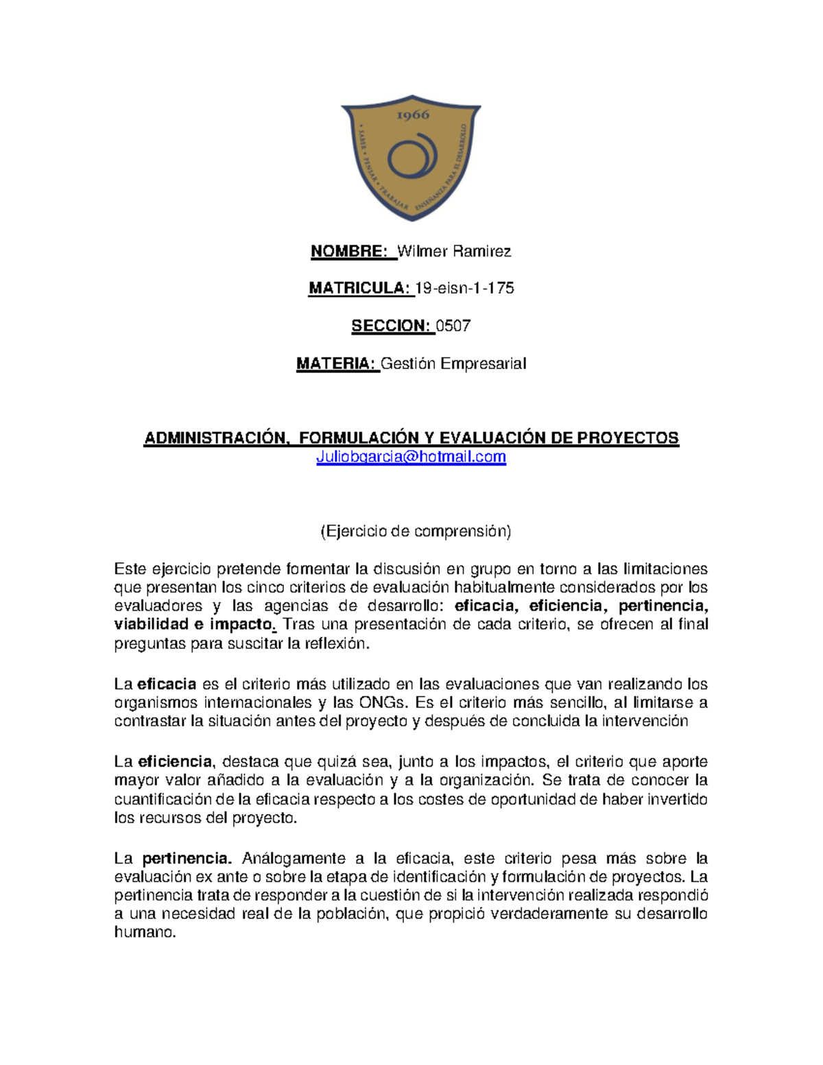 Ejercici 0 DE C0 Mprensi 0N Eficacia Eficiencia Pertinencia NOMBRE 