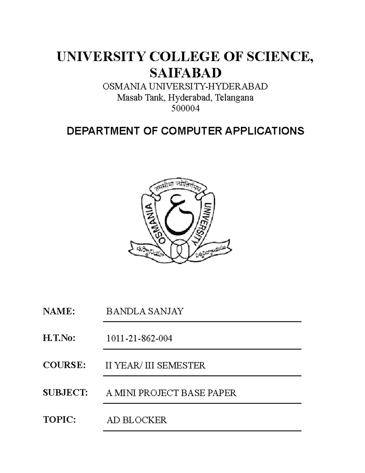 Project Report - UNIVERSITY COLLEGE OF SCIENCE, SAIFABAD OSMANIA ...