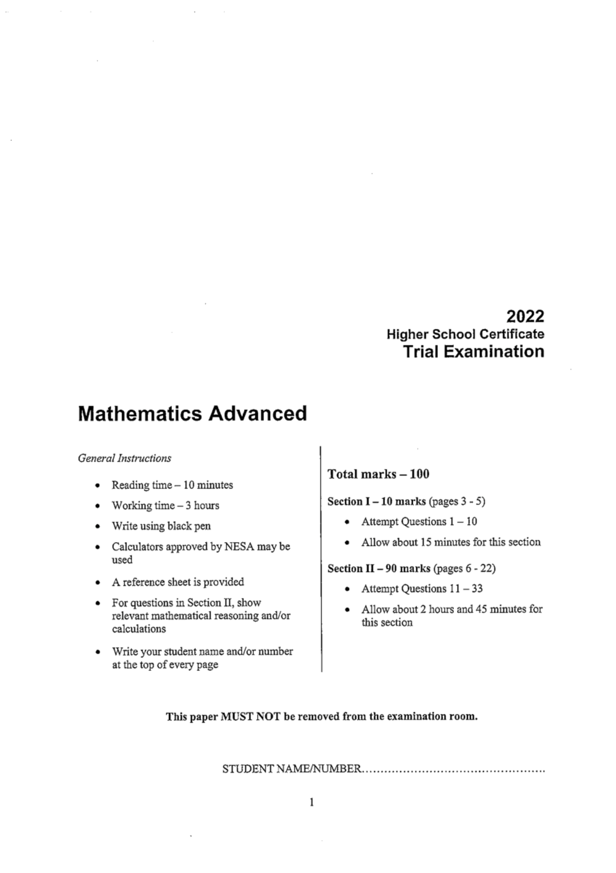 2022 Independant Maths Advanced Trial - 2022 Higher School Certificate ...