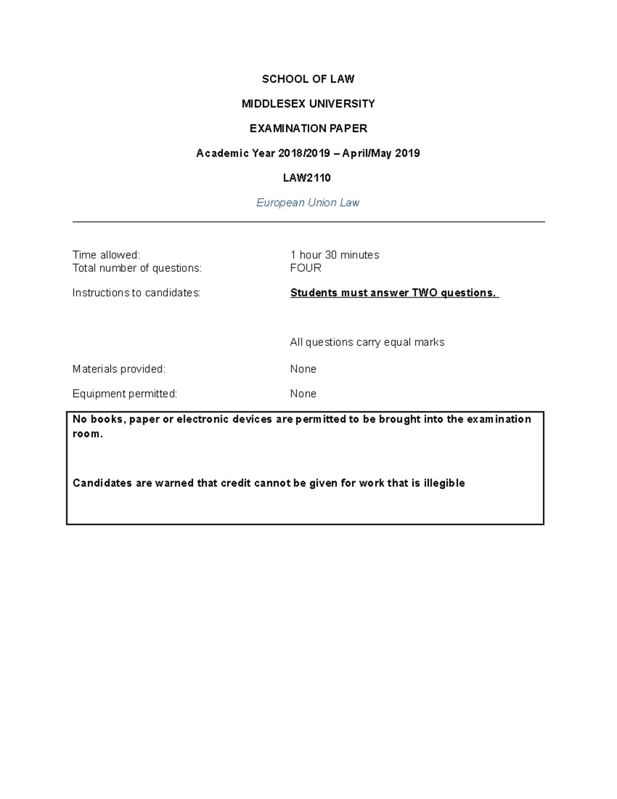 Mock exam March 2020 EU Law - SCHOOL OF LAW MIDDLESEX UNIVERSITY ...
