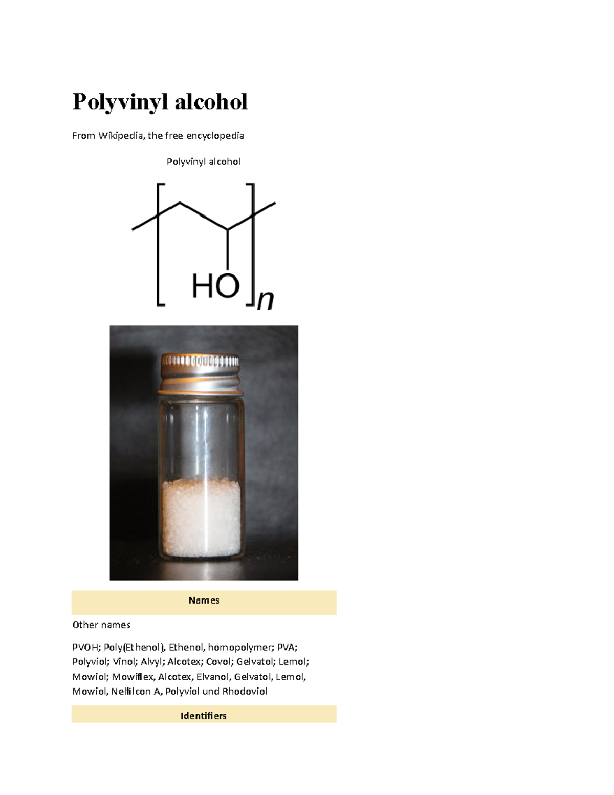 Polyvinyl alcohol - Polyvinyl alcohol From Wikipedia, the free ...