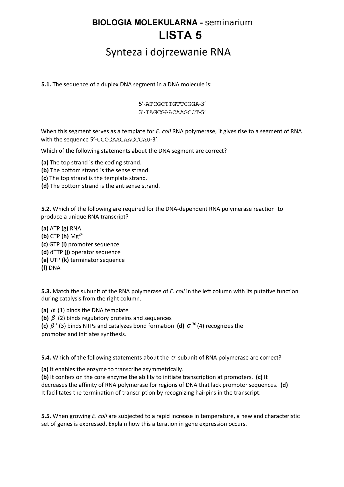 Biologia Molekularna Lista Biologia Molekularna Seminarium Lista Synteza I Dojrzewanie