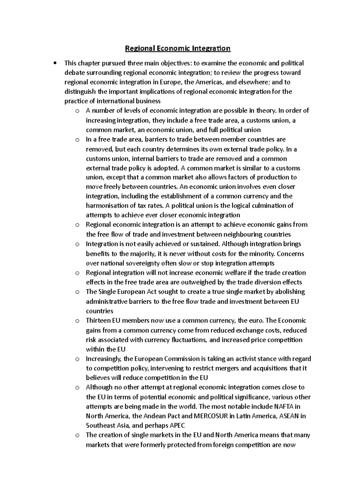 Regional Economic Integration - In order of increasing integration ...
