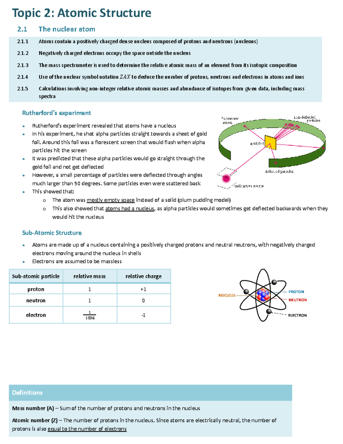 2. atomic structure - Topic 2: Atomic Structure 2 The nuclear atom 2.1 ...