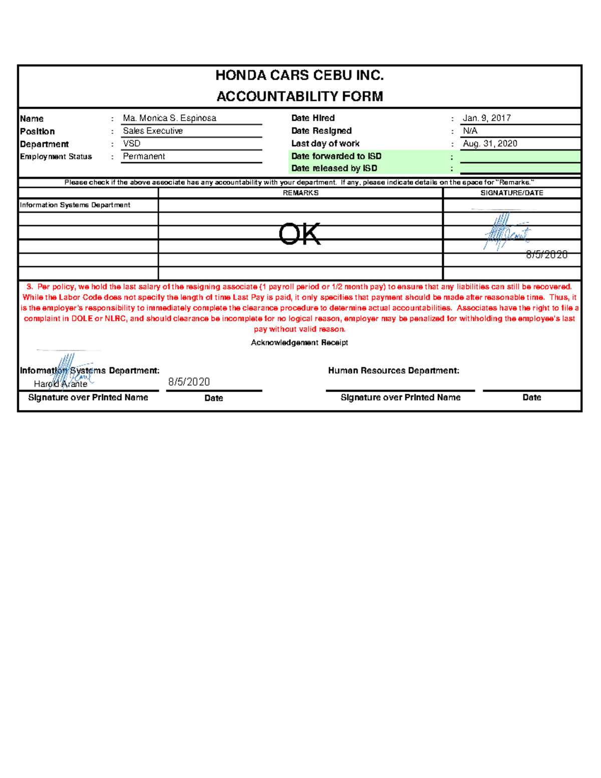ISD Clearance Accountability Form MSE Name Position
