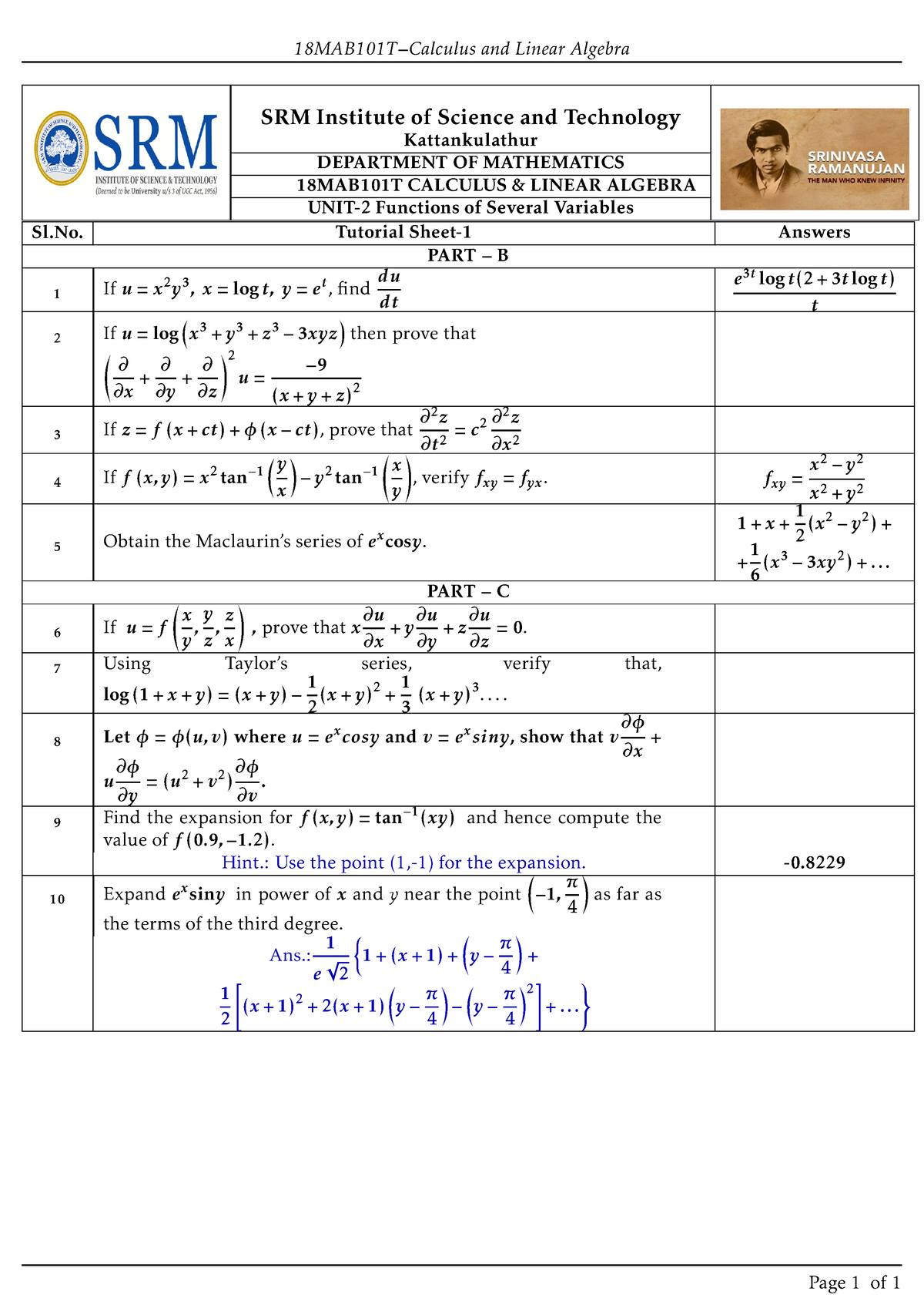 18MAB101T U2 Tutorial Sheet 1 - 18MAB101T−Calculus And Linear Algebra ...