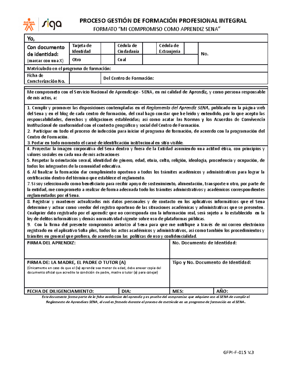 GFPI-F-015 Formato Compromiso Del Aprendiz V2 - PROCESO GESTIÓN DE ...