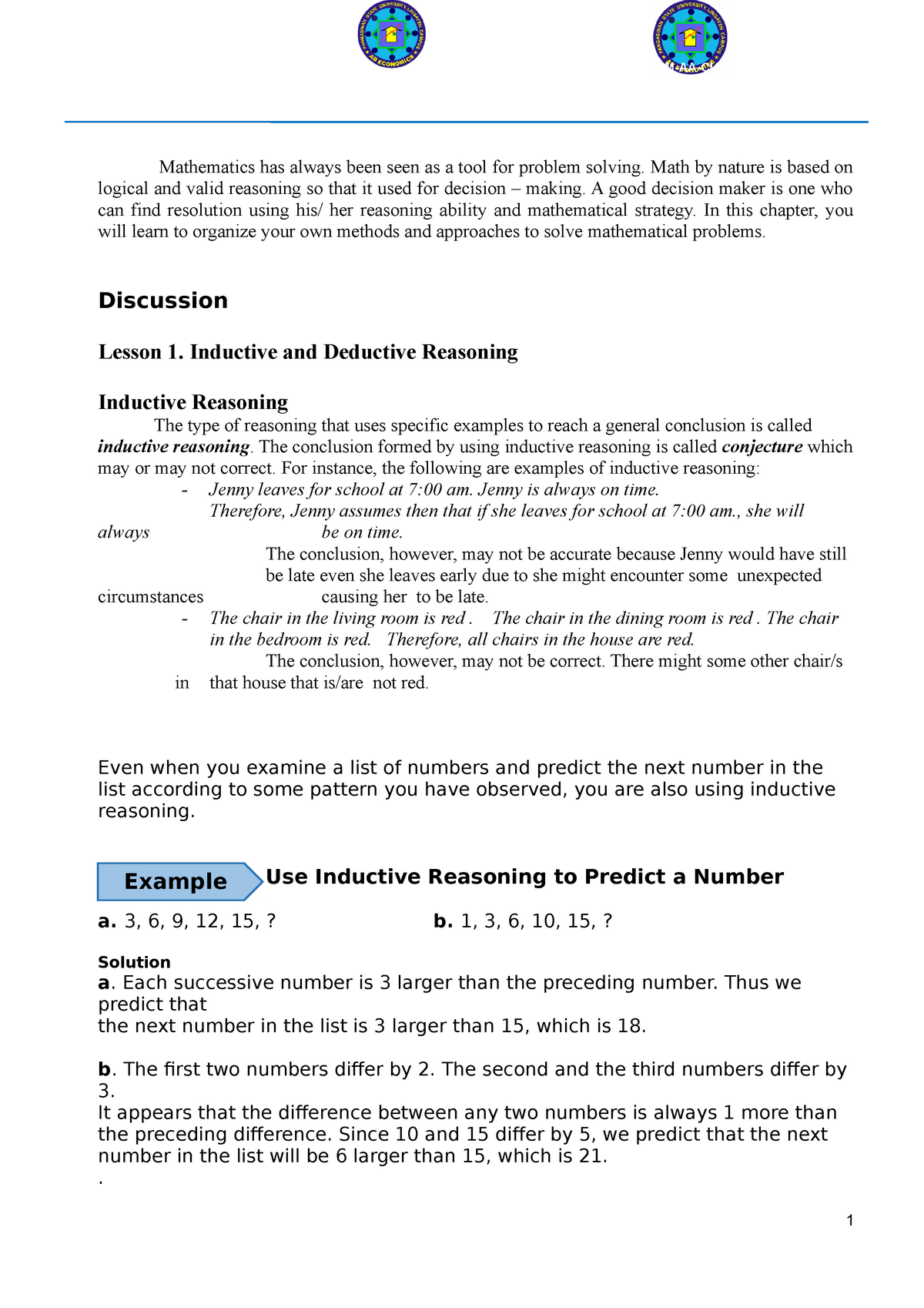 Inductive and Deductive Reasoning - Mathematics in the Modern Within Inductive And Deductive Reasoning Worksheet