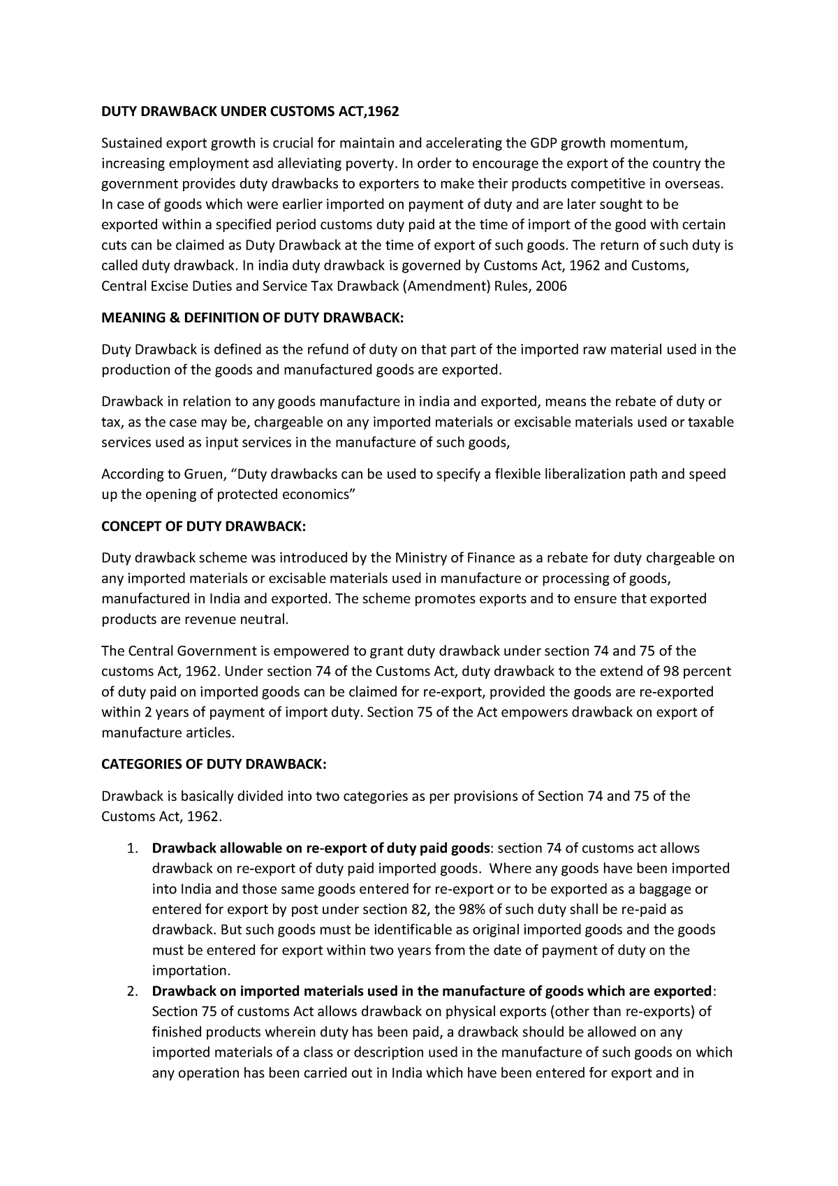 DUTY Drawback Under Customs ACT DUTY Drawback Under Customs ACTDUTY ...