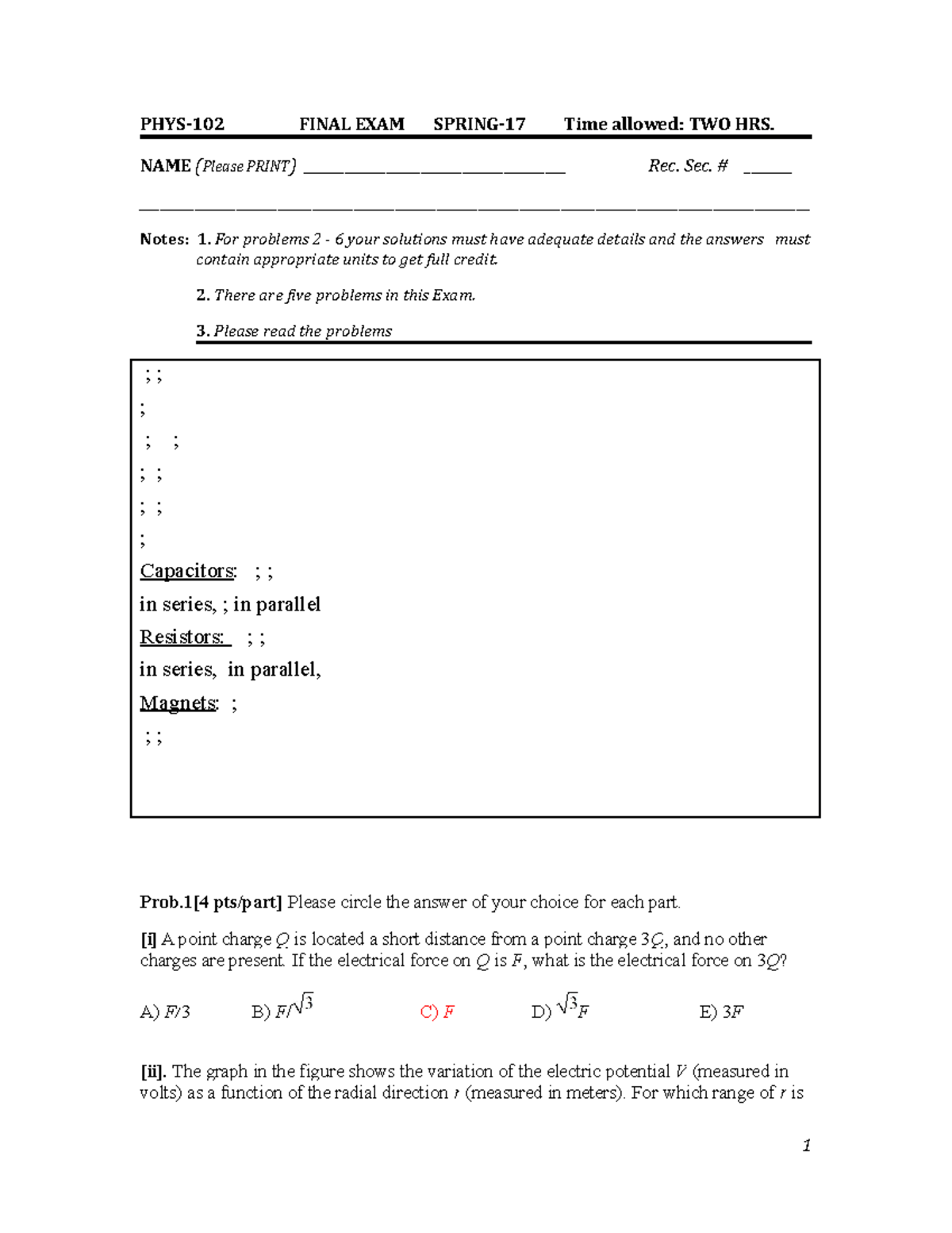 Sample PHYS 102 Final With Solutions - PHYS-102 FINAL EXAM SPRING-17 ...