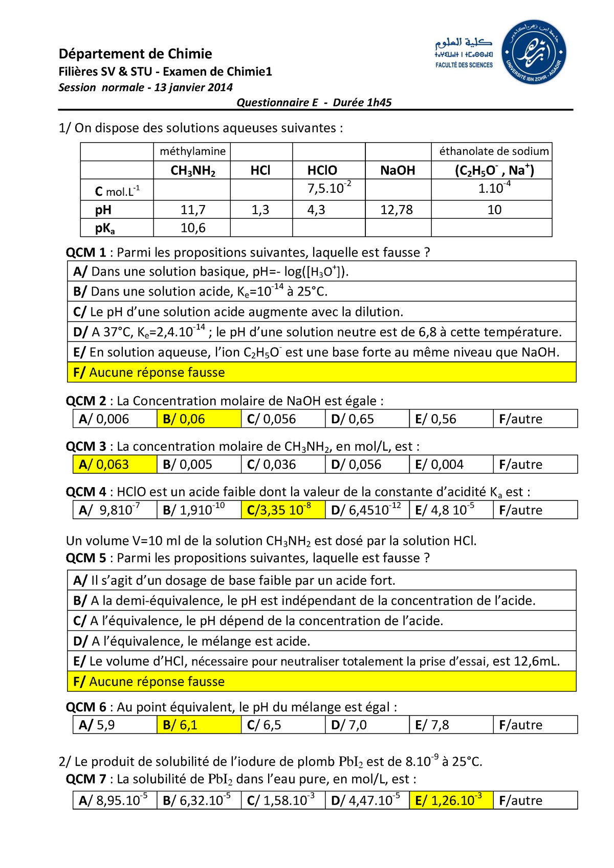 QCM-E Norm13-14 - Cours, Examens Et Exercice Biologie - Département De ...