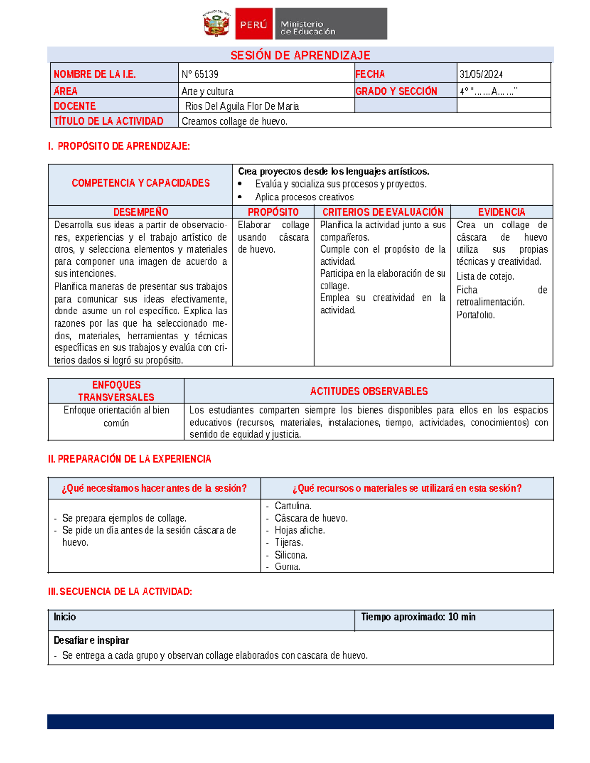 4° Sesion DE Aprendizaje DE ARTE Y Cultura - SESIÓN DE APRENDIZAJE ...