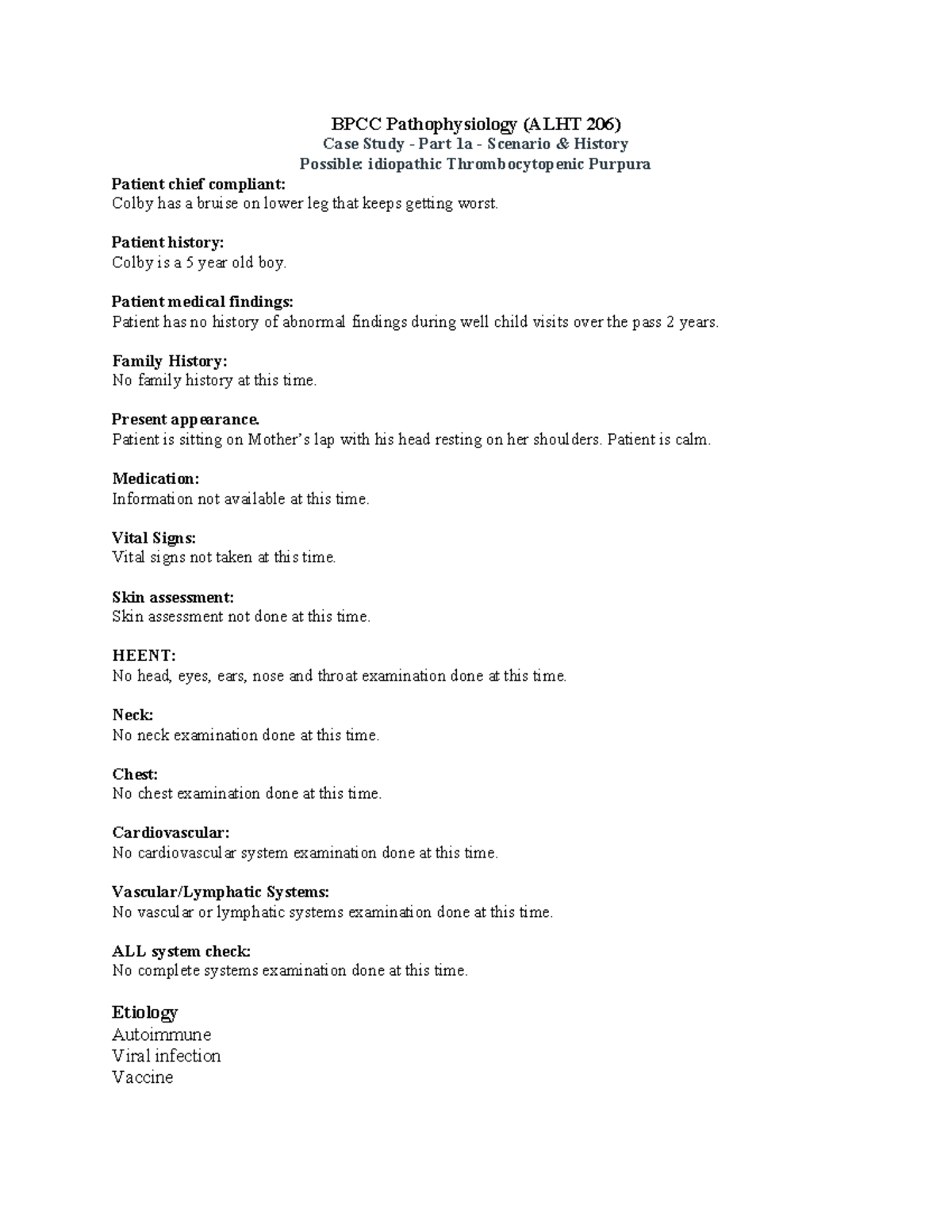 BPCC Pathophysiology-case study 1a - BPCC Pathophysiology (ALHT 206 ...