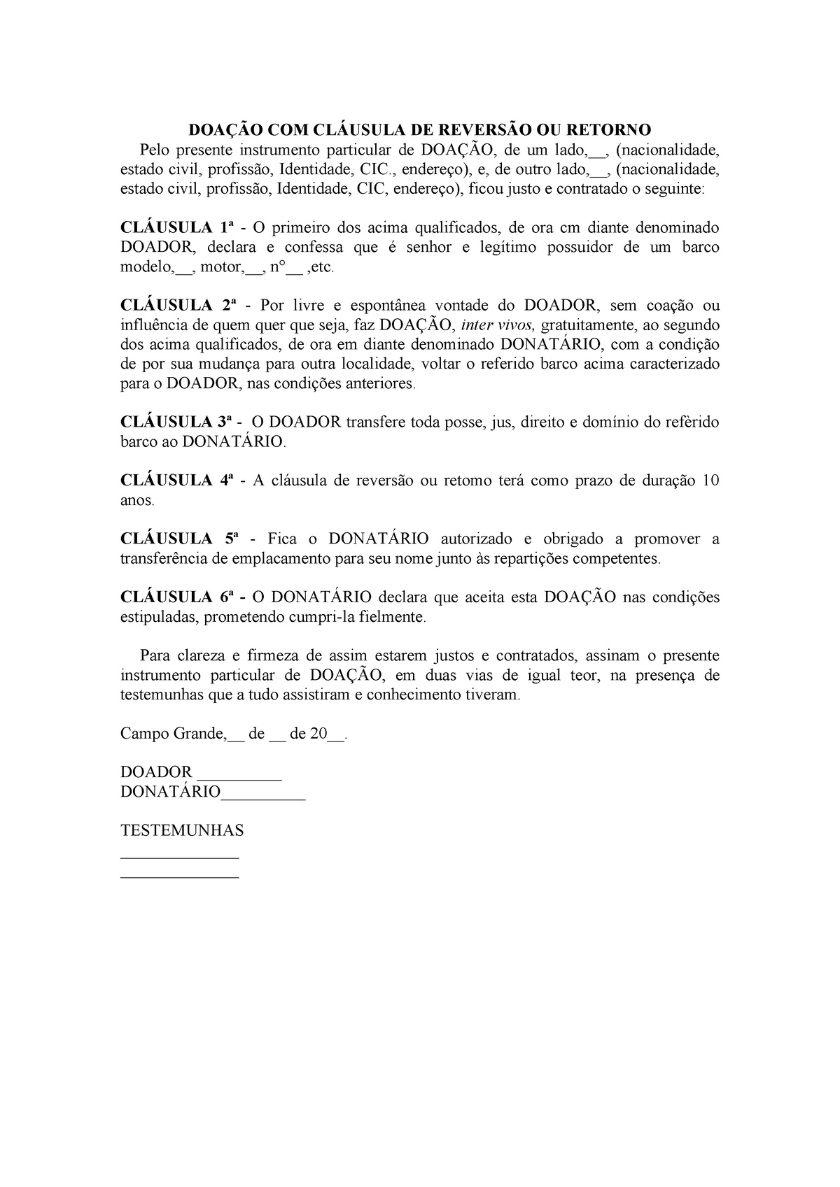 Doação Com Cláusula De Reversão Ou Retorno DoaÇÃo Com ClÁusula De ReversÃo Ou Retorno Pelo 4869