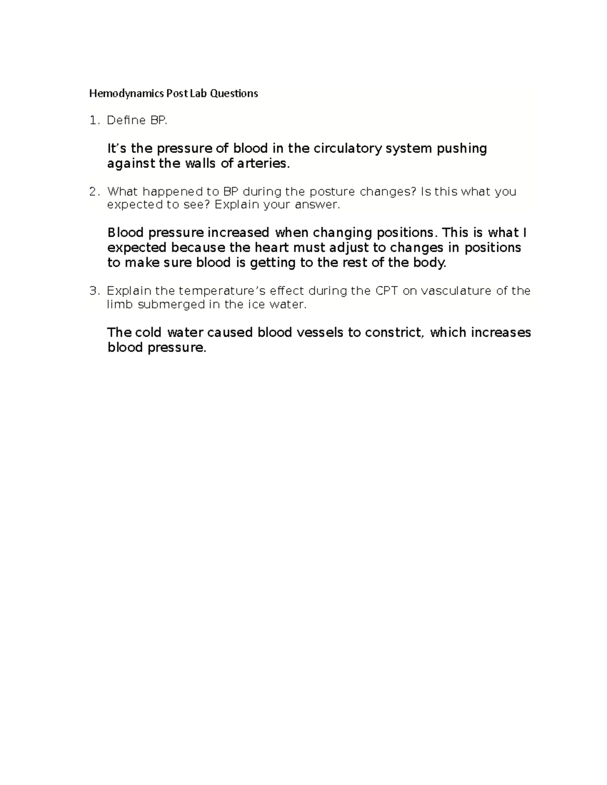 Hemodynamics Post Lab Questions Hemodynamics Post Lab Questions