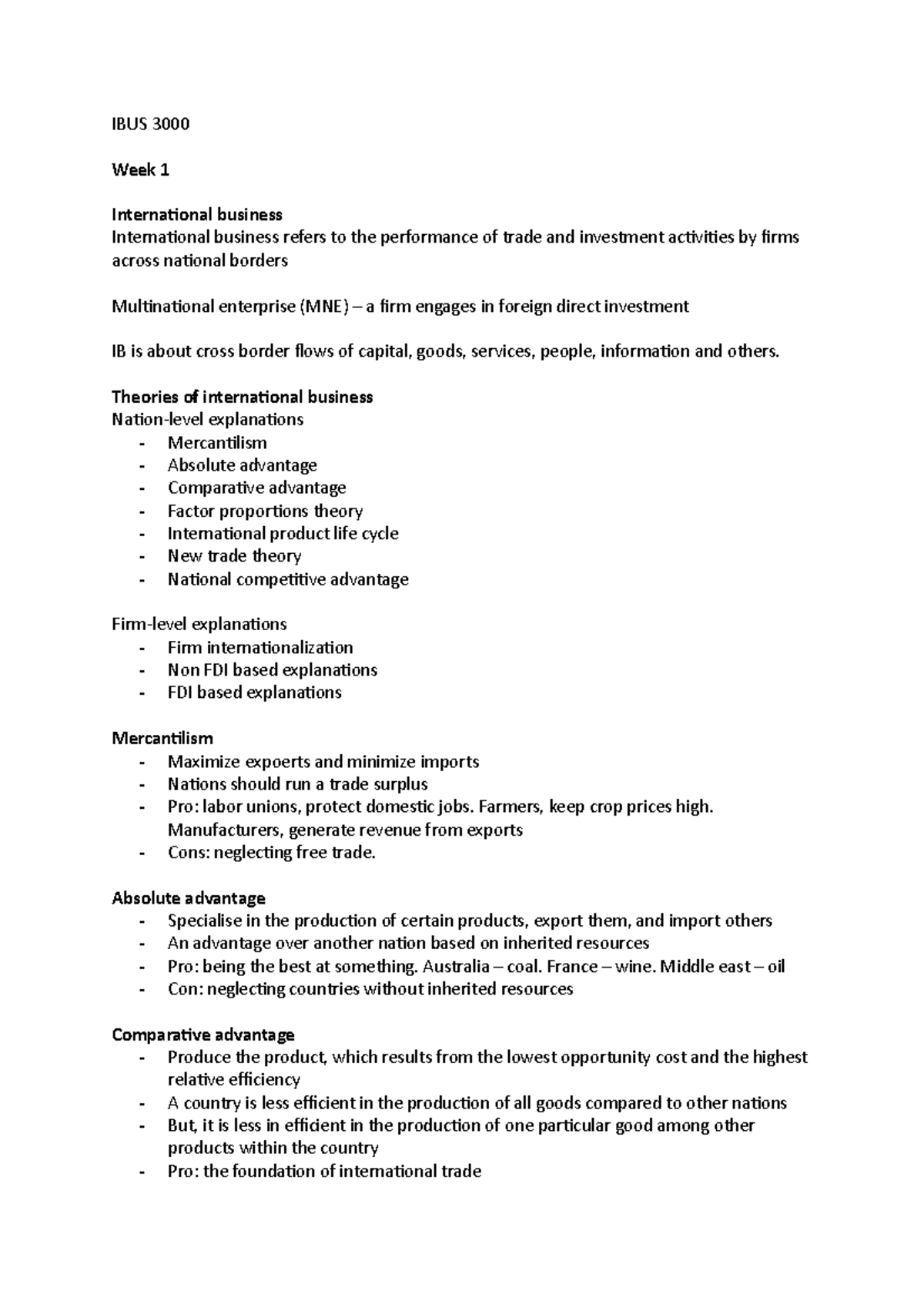 IBUS Notes weeks 1-13 - IBUS 3000 Week 1 International business ...