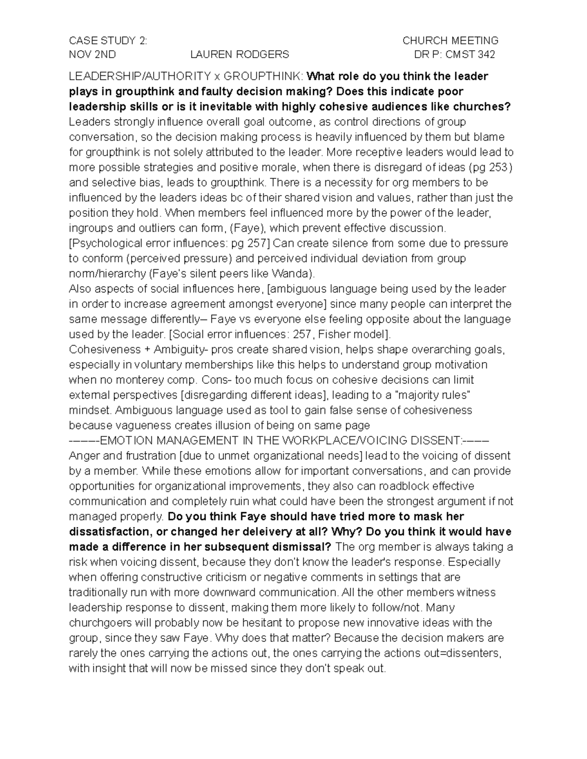 Case Study 2 - CASE STUDY 2: CHURCH MEETING NOV 2ND LAUREN RODGERS DR P ...