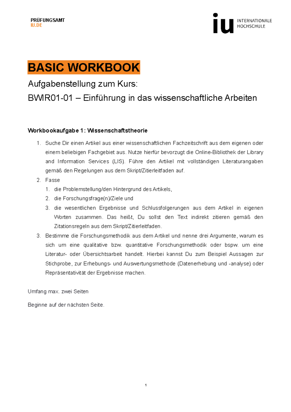 Workbook wissenschaftliches Arbeiten - BASIC WORKBOOK Aufgabenstellung ...